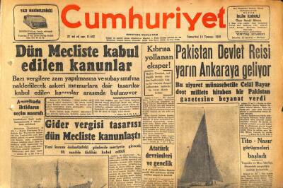 Cumhuriyet Gazetesi 14 Temmuz 1956 - Pakistan Devlet Reisi Yarın Ankaraya Geliyor - Atatürk Devrimleri Ve Gençlik GZ119837 - 1