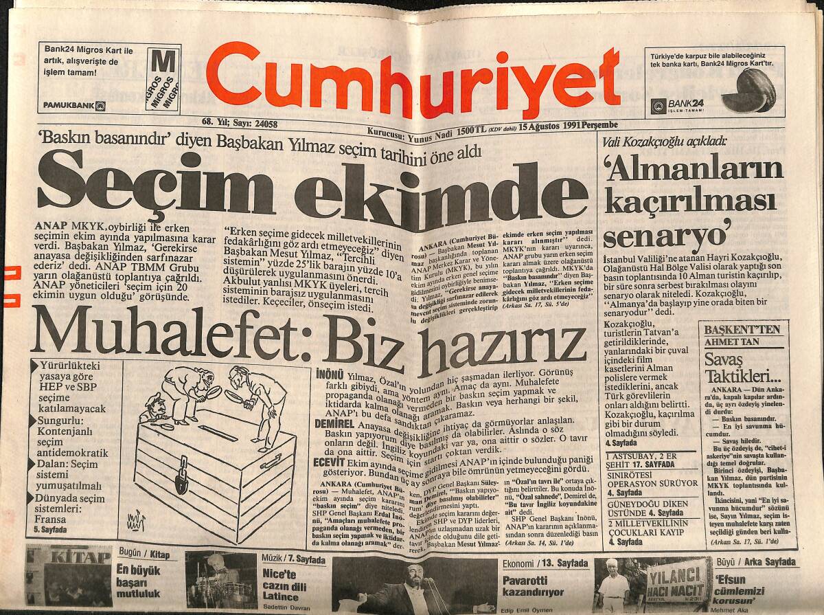 Cumhuriyet Gazetesi 15 Ağustos 1991 - Paşabahçe'de Anlaşma - Seçim Ekim'de GZ151896 - 1