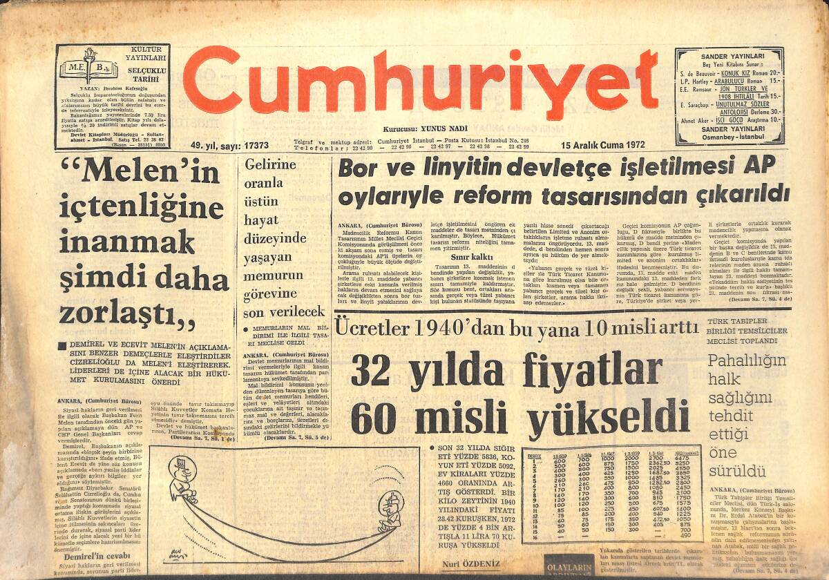 Cumhuriyet Gazetesi 15 Aralık 1972 - Vaktinde Seçim Avrupa Konseyini Yumuşatacak - Beşiktaş Vefa'Ya Yenildi! GZ142628 - 1