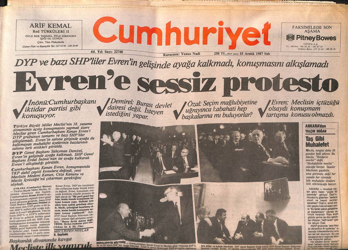 Cumhuriyet Gazetesi 15 Aralık 1987 - Evren'e Sessiz Protesto - Mecliste İlk Yumruk - Galatasaray 2 Hafta Sonra Sevindi GZ140032 - 1