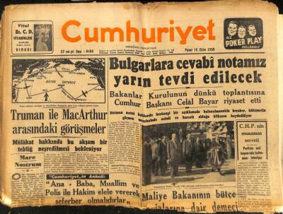 Cumhuriyet Gazetesi - 15 Ekim 1950 - Bulgarlara Cevabı Notamız Yarın Tevdi Edilecek GZ99447 - 1