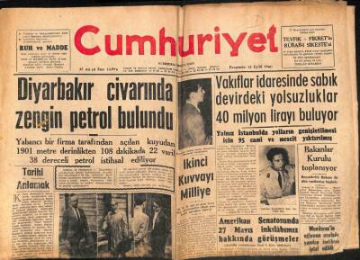Cumhuriyet Gazetesi 15 Eylül 1960 - Diyarbakır Civarında Zengin Petrol Bulundu GZ98099 - 1