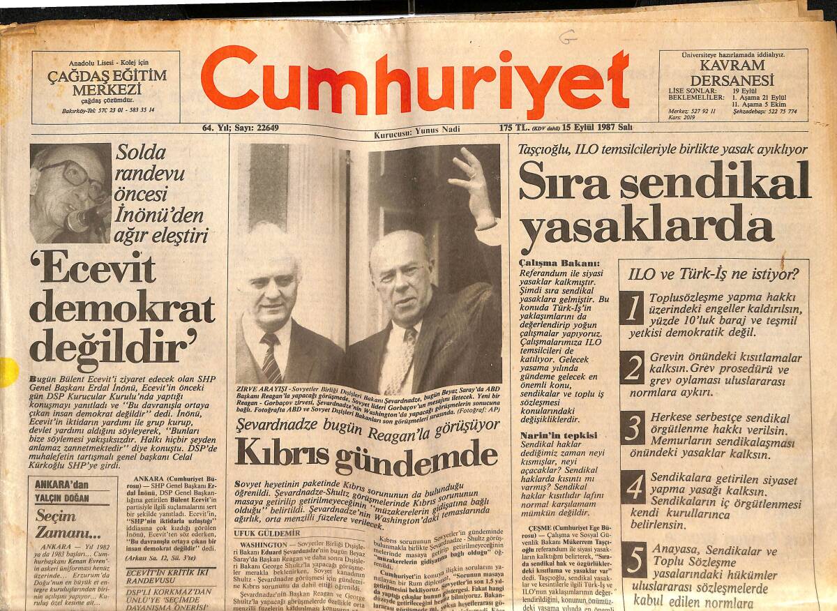 Cumhuriyet Gazetesi 15 Eylül 1987 - Kıbrıs Gündemde - Yunan Genelkurmay Başkanı Ankara'da GZ151930 - 1