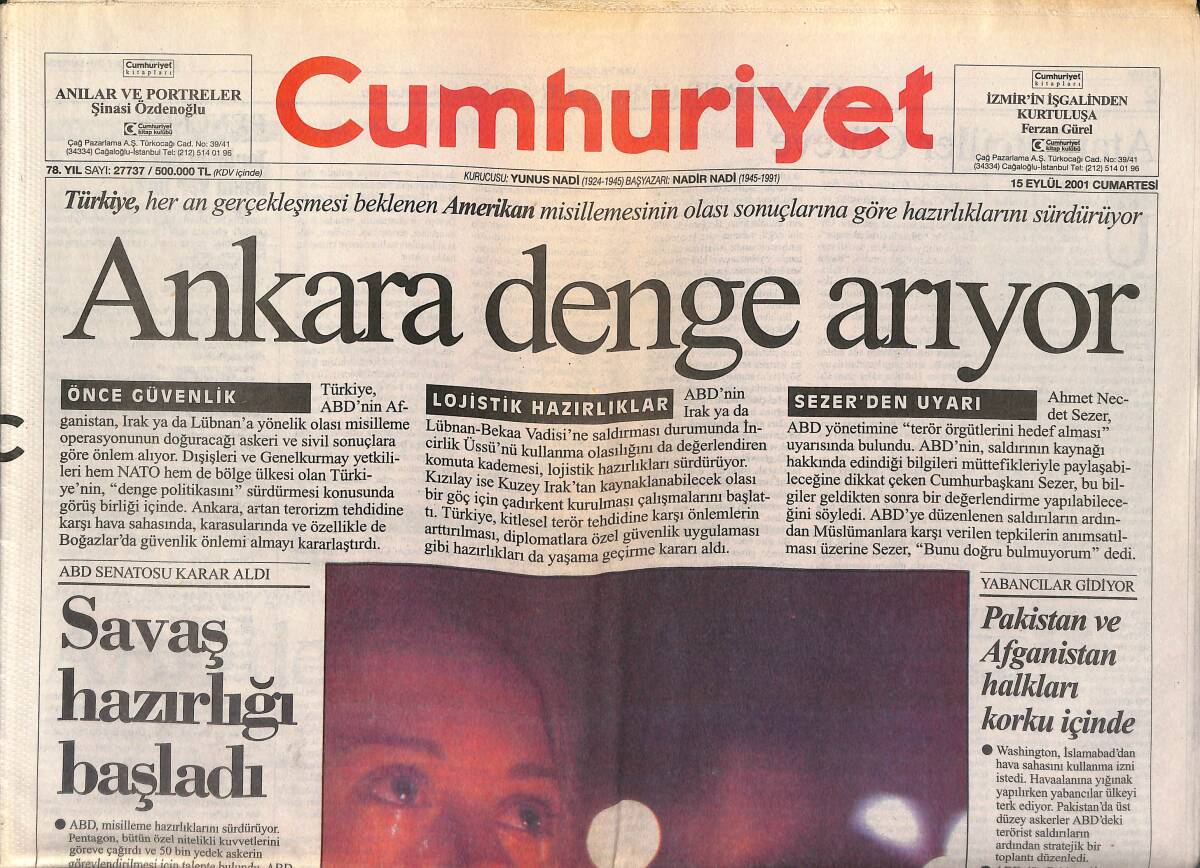 Cumhuriyet Gazetesi 15 Eylül 2001 - Ankara Denge Arıyor - TBMM Kınamayla Açılacak GZ151672 - 1