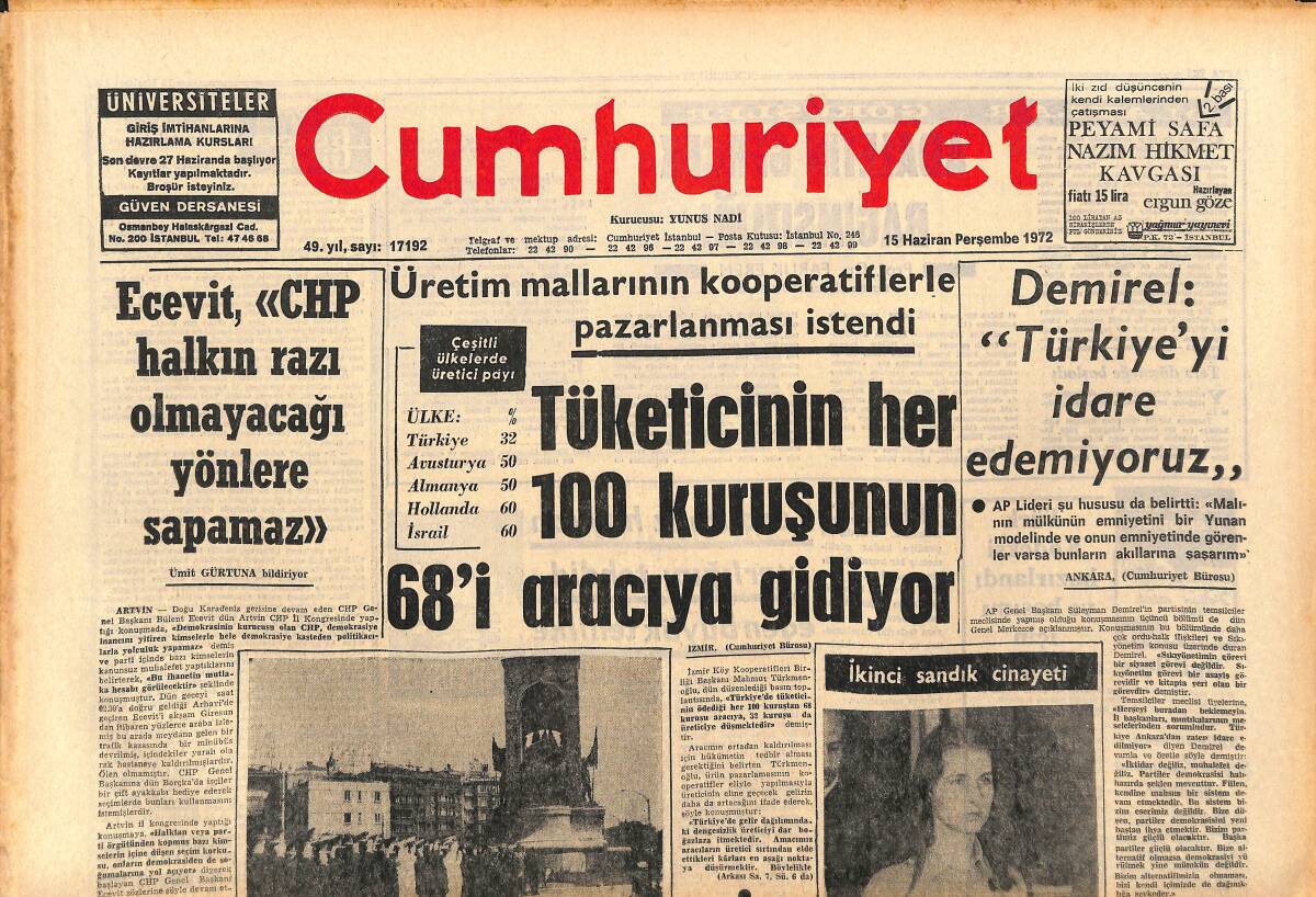 Cumhuriyet Gazetesi 15 Haziran 1972 - Süleyman Demirel: Türkiye'yi İdare Edemiyoruz! - Yılmaz Güney'in 7 Yıl Hapsi İstendi! GZ143201 - 1