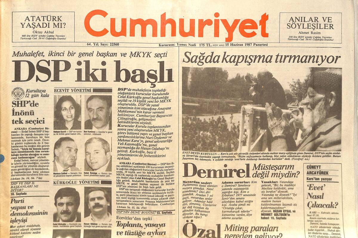 Cumhuriyet Gazetesi 15 Haziran 1987 - Galatasaray Kupalarını İkiledi - Erbakan'dan Gövde Gösterisi - İnönü'den Musavi'ye Sert Tepki GZ140040 - 1