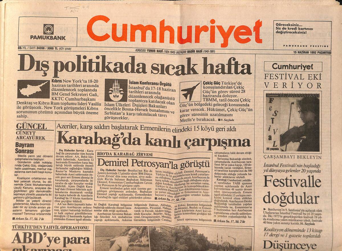 Cumhuriyet Gazetesi 15 Haziran 1992 - Karabağ'da Kanlı Çarpışma - Eski Paralara Alıcı Gözüyle Bakın GZ157206 - 1