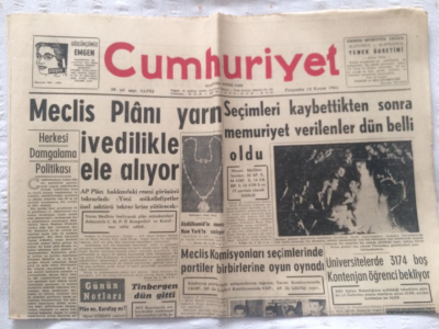 Cumhuriyet Gazetesi 15 Kasım 1962 - Meclis Planı Yarın İvedilikle Ele Alınıyor - GZ19435 - 1