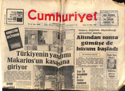 Cumhuriyet Gazetesi 15 Mart 1968 - Türkiyenin Yardımı Makariosun Kasasına Giriyor GZ80349 - 1