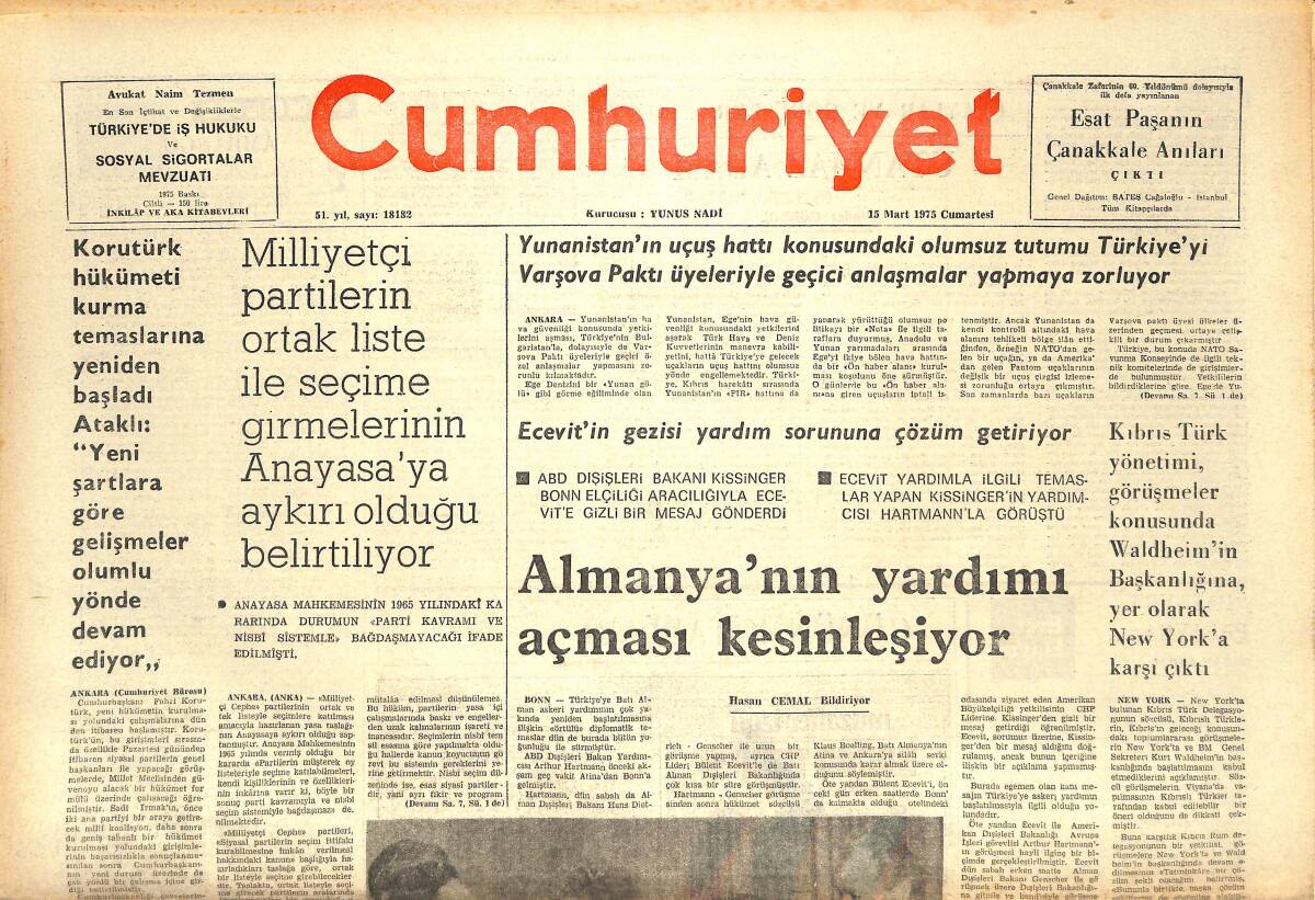 Cumhuriyet Gazetesi 15 Mart 1975 - Almanya'nın Yardımı Açması Kesinleşiyor - Ecevit Ve Brandt Tam Bir Görüşbirliği İçinde GZ143713 - 1