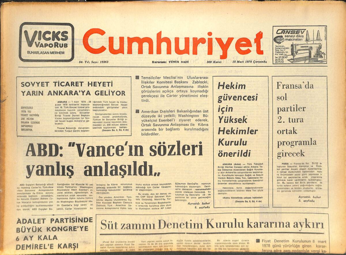 Cumhuriyet Gazetesi 15 Mart 1978 - ABD : '' Vance'in Sözleri Yanlış Anlaşıldı '' - Süt Zammı Denetim Kurulu Kararına Aykırı GZ143673 - 1