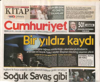 Cumhuriyet Gazetesi 15 Mart 2018 - Einsteinin Ardından En Büyük Fizikçi Sayılan Stephen Hawking Yaşamını Yitirdi GZ94589 - 1