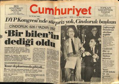 Cumhuriyet Gazetesi 15 Mayıs 1985 - DYP Kongresinde Sürpriz Yok , Cindoruk Başkan GZ62167 - 1