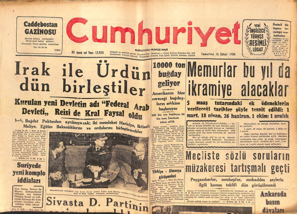 Cumhuriyet Gazetesi 15 Şubat 1958 - İzmir'deki Amerikan Konsolosunun Evine Meçhul Şahıslar Girdi - Mc Millan Kıbrıs'tan Geçti! GZ139237 - 1