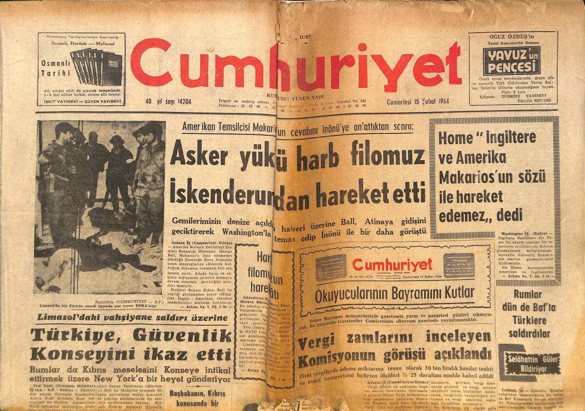 Cumhuriyet Gazetesi 15 Şubat 1964 - Türkiye'de 9 Bölgenin 7'sinde Fenerbahçe Taraftarları Hakim - Rumlar Baf'ta Türklere Saldırdılar GZ140057 - 1