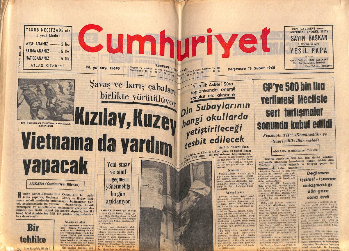 Cumhuriyet Gazetesi 15 Şubat 1968 - Kızılay, Kuzey Vietnam'da Yardım Yapacak - İngrid Bergman'ı Amerikalılar Affetti GZ149045 - 1