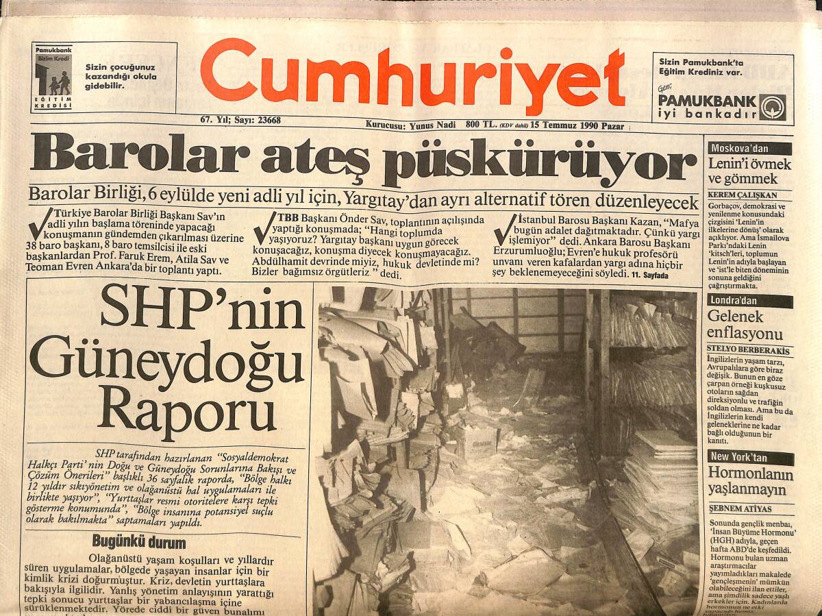 Cumhuriyet Gazetesi 15 Temmuz 1990 - Barolar Ateş Püskürüyor! - SHP'NİN Güneydoğu Raporu! GZ140157 - 1