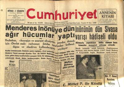 Cumhuriyet Gazetesi 16 Ekim 1958 - Adnan Menderes İnönüye Ağır Hücumlar Yaptı GZ75992 - 1