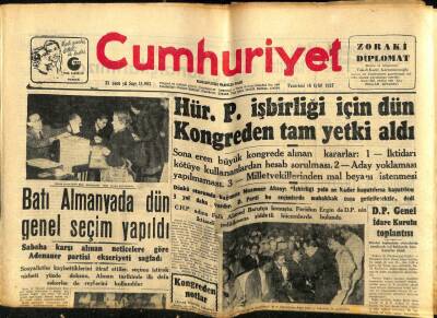 Cumhuriyet Gazetesi 16 Eylül 1957 - Batı Almanyada Dün Genel Seçim Yapıldı, Hür Parti İşbirliği İçin Kongreden Tam Yetki Aldı GZ59317 - 1
