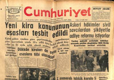 Cumhuriyet Gazetesi 16 Eylül 1960 - Yeni Kira Kanununun Esasları Tesbit Edildi GZ103206 - 2