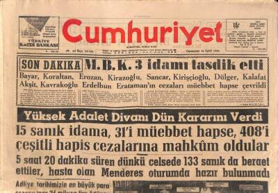 Cumhuriyet Gazetesi 16 Eylül 1961 - Evvelki Gece Sabaha Karşı Uykuya Dalan Menderes Dün Uyanmadı GZ114473 - 1