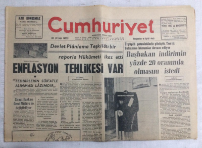 Cumhuriyet Gazetesi 16 Eylül 1965 - Enflasyon Tehlikesi Var - GZ19102 - 1