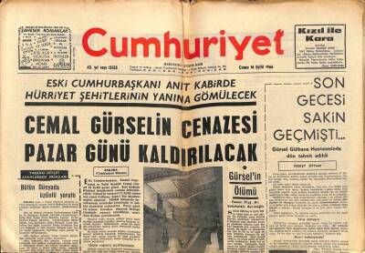 Cumhuriyet Gazetesi 16 Eylül 1966 - Cemal Gürselin Cenazesi Pazar Günü Kaldırılacak GZ84971 - 1