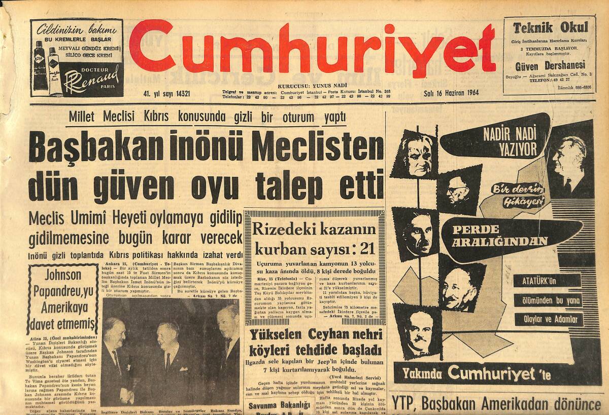 Cumhuriyet Gazetesi 16 Haziran 1964 - Başbakan İnönü Meclisten Dün Güven Oyu Talep Etti GZ160374 - 1