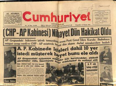 Cumhuriyet Gazetesi 16 Kasım 1961 - CHP-AP Kabinesi Nihayet Dün Hakikat Oldu GZ80299 - 1
