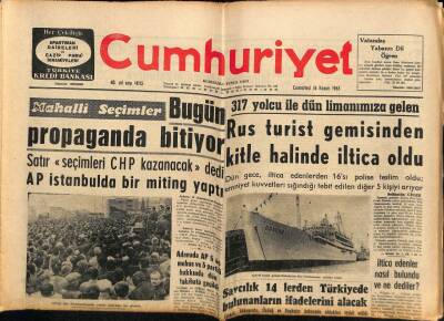 Cumhuriyet Gazetesi 16 Kasım 1963 - 317 Yolcu İle Dün Limanımıza Gelen Rus Turist Gemisinden Kitle Halinde İltica Oldu GZ85504 - 1