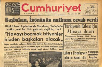 Cumhuriyet Gazetesi 16 Mart 1957 - Macarlar Hürriyet Bayramlarını Kutladılar - Lübnan Eisenhower Plânını Kabul Etti GZ120806 - 1