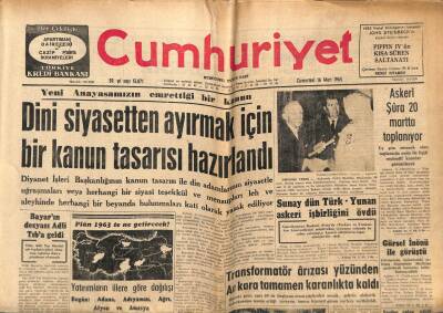 Cumhuriyet Gazetesi 16 Mart 1963- Dini Siyasetten Ayırmak İçin Kanun Tasarısı, Casus Rumen Diplomat Yurt dışına Çıkarıldı GZ84492 - 1
