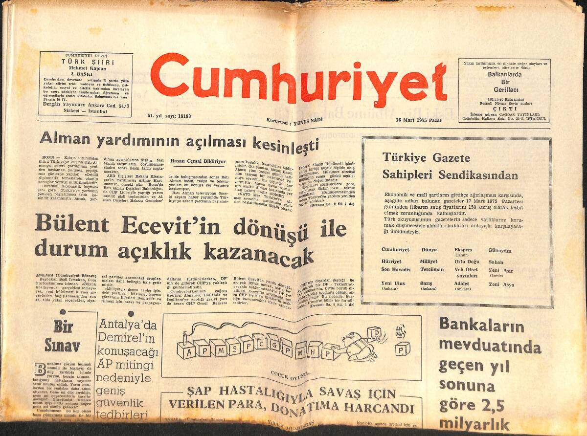Cumhuriyet Gazetesi 16 Mart 1975 - Bülent Ecevit'in Dönüşü İle Durum Açıklık Kazanacak - Uğur Mumcu Cumhuriyet'te! GZ139953 - 1