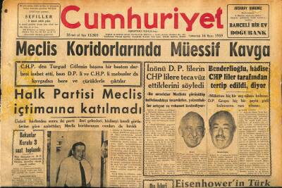 Cumhuriyet Gazetesi 16 Mayıs 1959 - Halk Partisi Meclis İçtimaına Katılmadı - Meclis Koridorlarında Müessif Kavga GZ120087 - 1