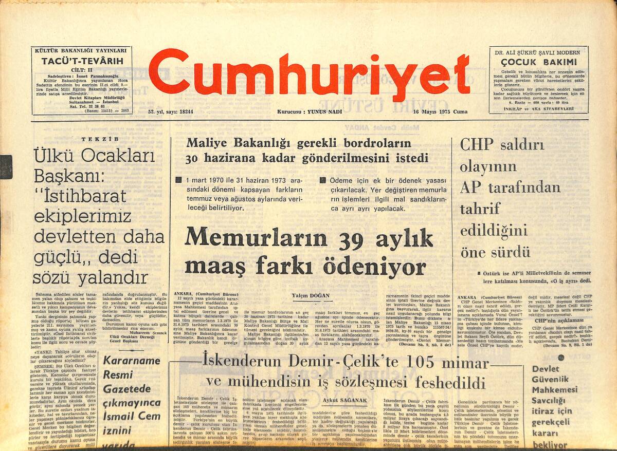 Cumhuriyet Gazetesi 16 Mayıs 1975 - CHP Saldırı Olaylarının AP Tarafından Tahrip Edildiğini Öne Sürdü - Brigitte Bardot Ve Şeytan GZ143643 - 1