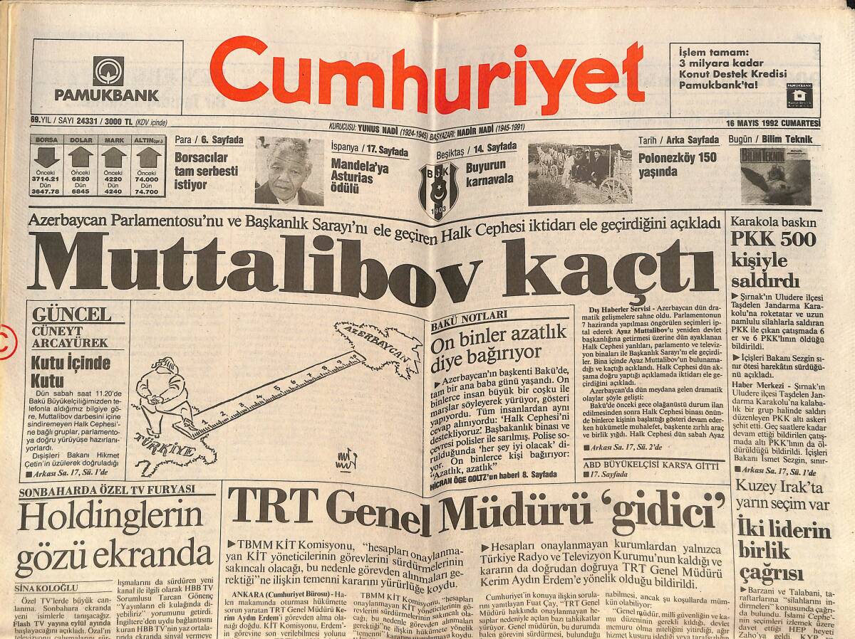 Cumhuriyet Gazetesi 16 Mayıs 1992 - TRT Genel Müdürü Gidici - Avrupa'da 700 Bin İşçi Göç Halinde GZ151963 - 1