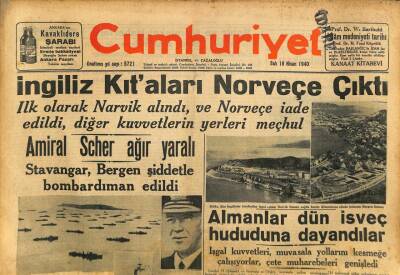 Cumhuriyet Gazetesi 16 Nisan 1940 - İsveç Alman Taarruzu Bekliyor , Holanda Örfi İdare İlan Etti GZ100953 - 2