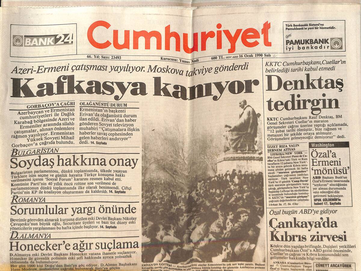 Cumhuriyet Gazetesi 16 Ocak 1990 - Kafkasya Kanıyor - Çankaya'da Kıbrıs Zirvesi - Sabri Dino Tefeci Kurbanı GZ151958 - 1