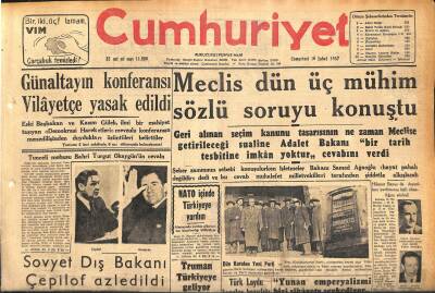 Cumhuriyet Gazetesi 16 Şubat 1957 - Elmadağ Barut Fabrikasında İnfilak - Sovyet Dış Bakanı Çepilof Azledildi GZ120252 - 1