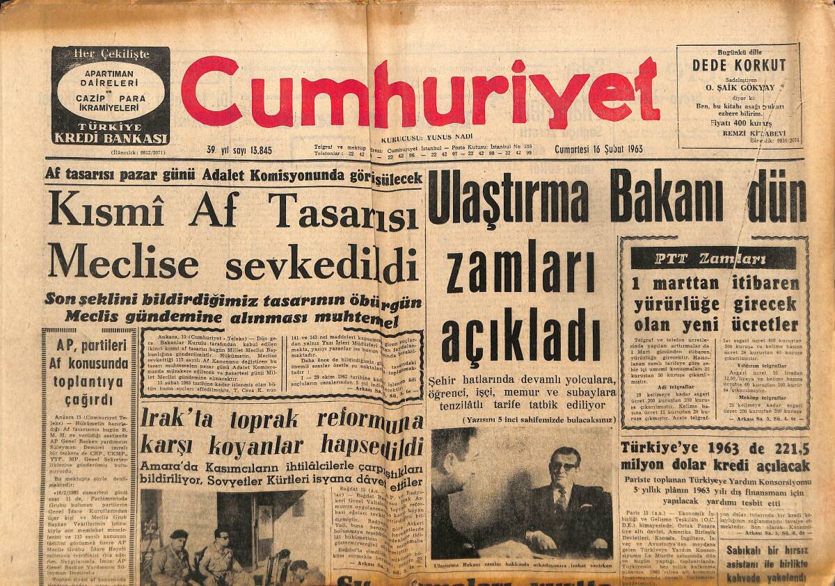 Cumhuriyet Gazetesi 16 Şubat 1963 - Irak'ta Toprak Reformuna Karşı Koyanlar Hapsedildi - Kasım Gülek Yeni Bir Parti Kuruyor! GZ140102 - 1
