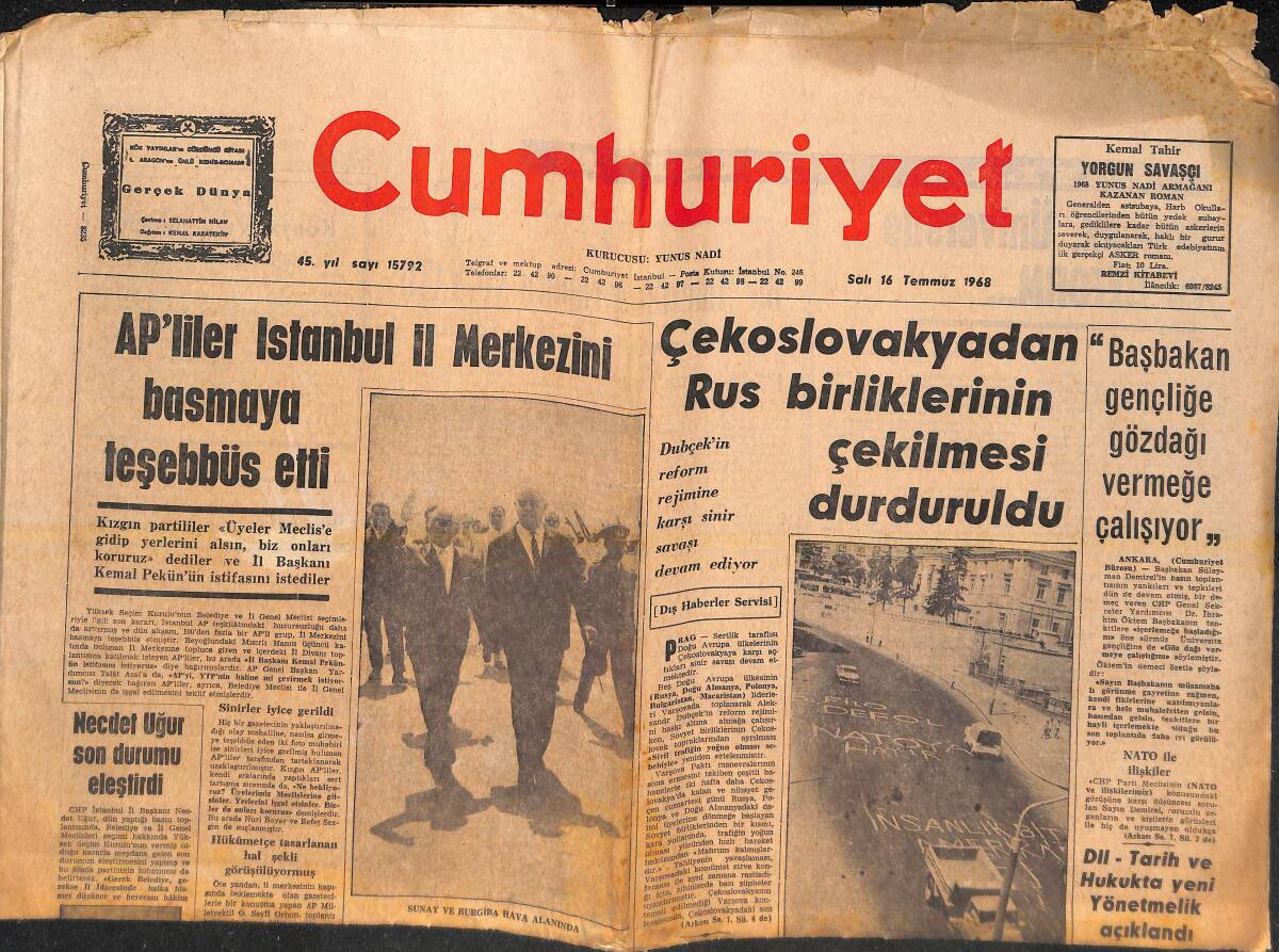 Cumhuriyet Gazetesi 16 Temmuz 1968 - Çekoslovakyadan Rus Birliklerinin Çekilmesi Durduruldu! - Necdet Uğur Son Durumu Eleştirdi! GZ139047 - 1