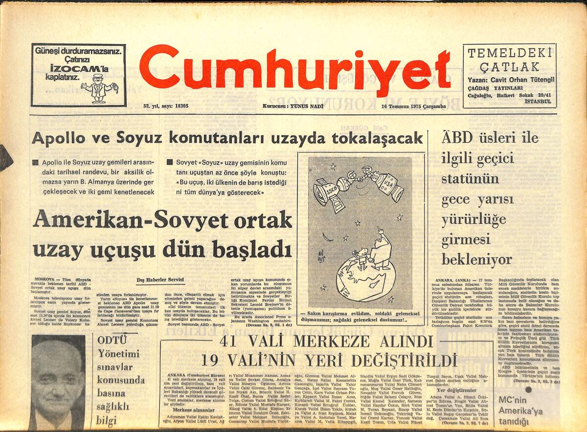 Cumhuriyet Gazetesi 16 Temmuz 1975 - Beş Milyonluk Kaçak Sigara Ele Geçti - Apollo Ve Soyuz Komutanları Uzayda Tokalaşacak GZ143689 - 1