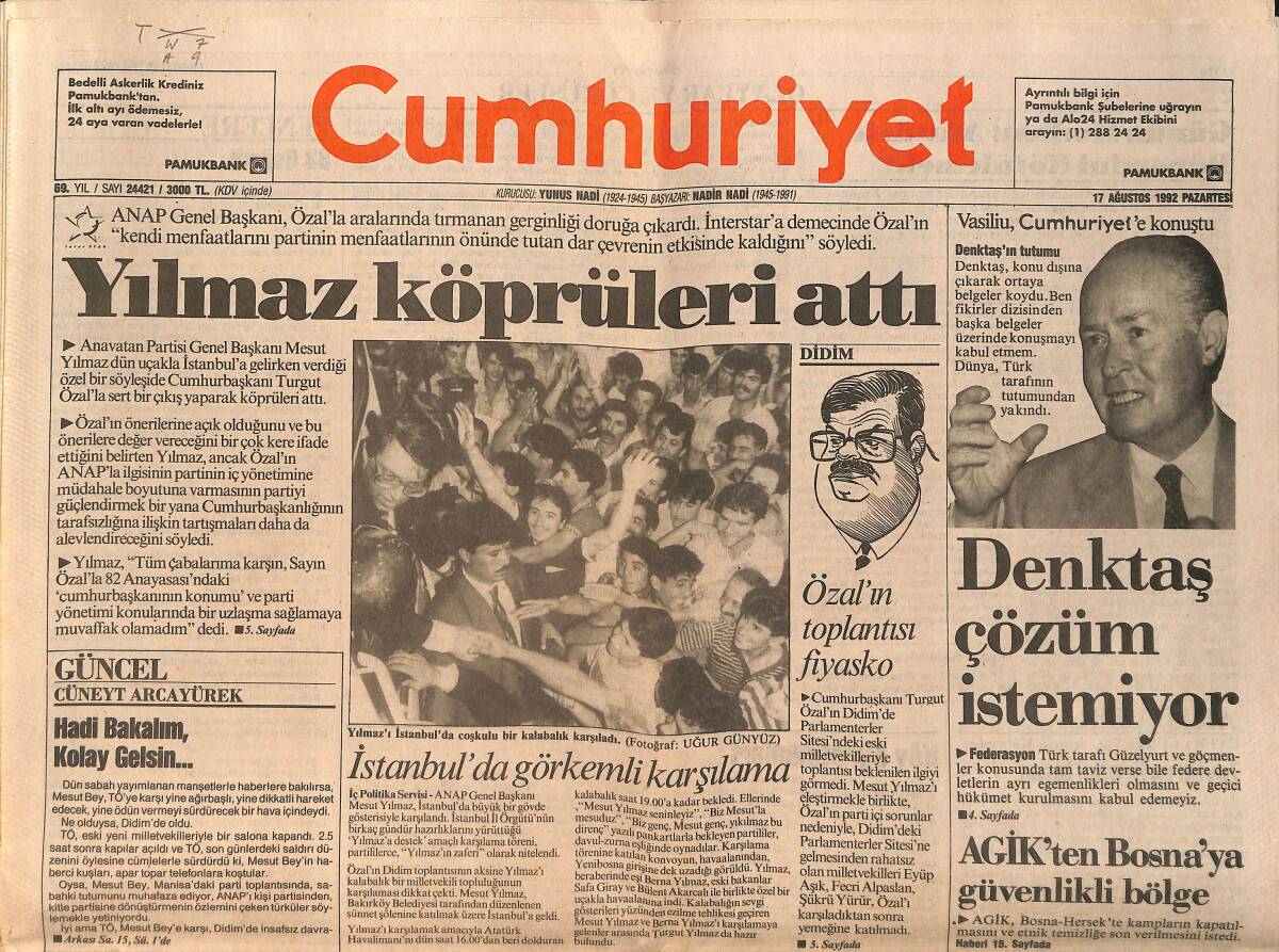Cumhuriyet Gazetesi 17 Ağustos 1992 - Denktaş Çözüm İstemiyor - Aktaş Aboneden Sonra Devleti de Çarptı GZ157201 - 1