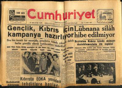 Cumhuriyet Gazetesi 17 Aralık 1957 - Lübnana Silah Hibe Edilmiyor - Kıbrısta EOKA Yeniden Tehditlere Başladı GZ121941 - 1