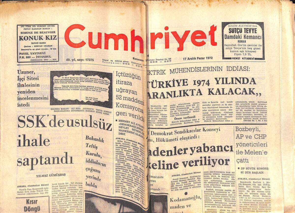 Cumhuriyet Gazetesi 17 Aralık 1972 - SSK'da Usulsüz İhale Saptandı - Madenler Yabancı Tekeline Gidiyor - Federasyon Başkanı Dert Yandı GZ139768 - 1