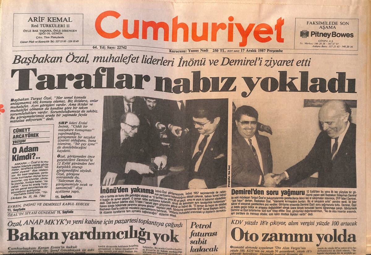 Cumhuriyet Gazetesi 17 Aralık 1987 - Başbakan Özal, Muhalefet Lideri İnönü Ve Demirel'i Ziyaret Etti - İtalya'da Devlet Mafyayı Yendi GZ140034 - 1