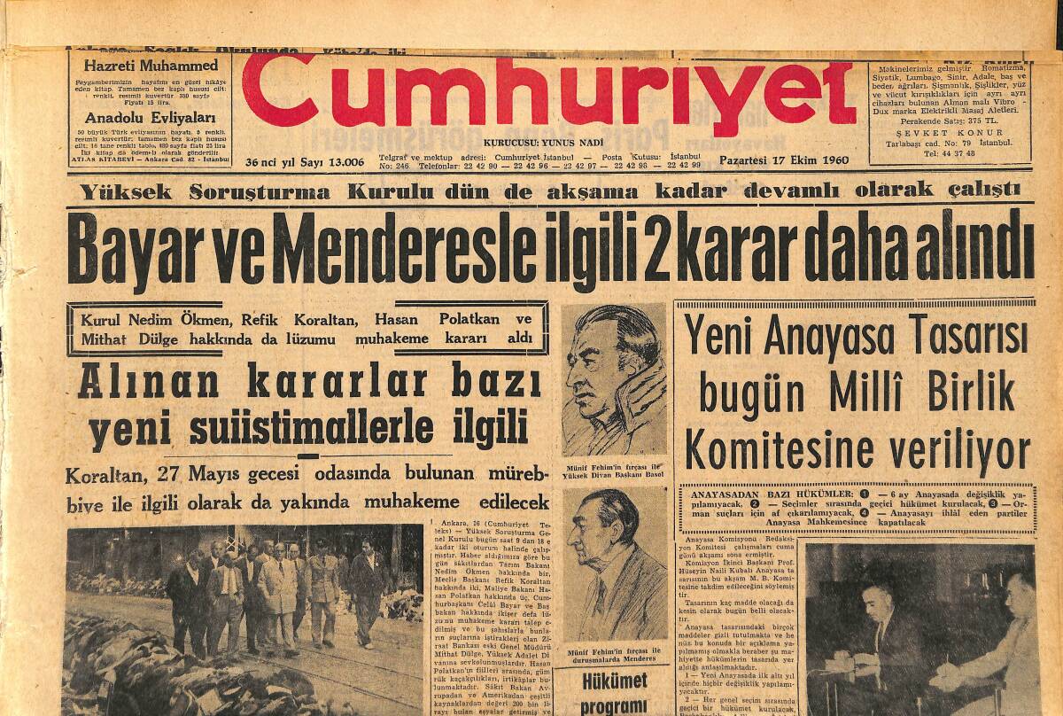 Cumhuriyet Gazetesi 17 Ekim 1960 - Yıldız'ın İnkılap Hükümeti Namına Basından İstedikleri - Kraliçe Farah'ın Gelecek Hafta Doğum Yapması Bekleniyor GZ152556 - 1