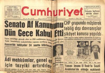 Cumhuriyet Gazetesi 17 Ekim 1962 - Senato Af Kanununu Dün Gece Kabul Etti GZ103260 - 2
