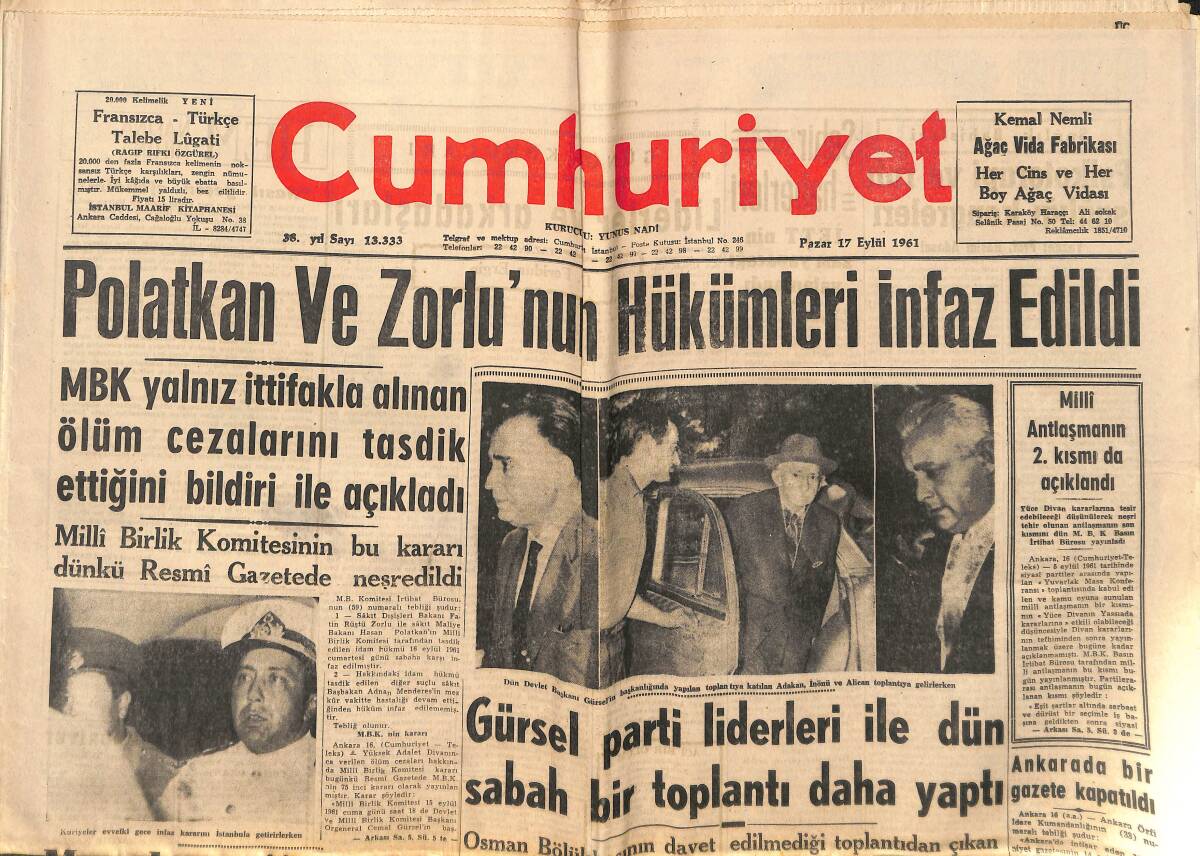 Cumhuriyet Gazetesi 17 Eylül 1961 - Adnan Menderes'in Sıhhi Durumu Düzeliyor - Bakanlar Kurulu Dün Gündemi Açıklanmayan Bir Toplantı Yaptı GZ139976 - 1