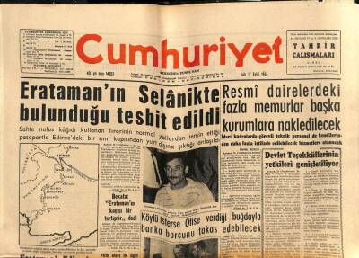 Cumhuriyet Gazetesi 17 Eylül 1963 - Eratamanın Selanikte Bulunduğu Tesbit Edildi GZ85362 - 1